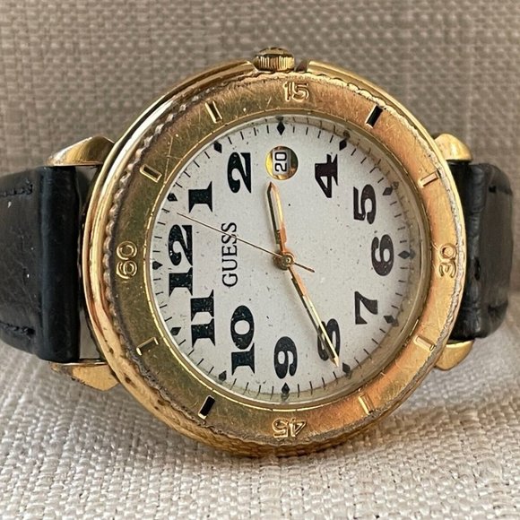 Vintage Guess Wristwatch Gold Tone Case Analog Quartz Date Calendar Watch